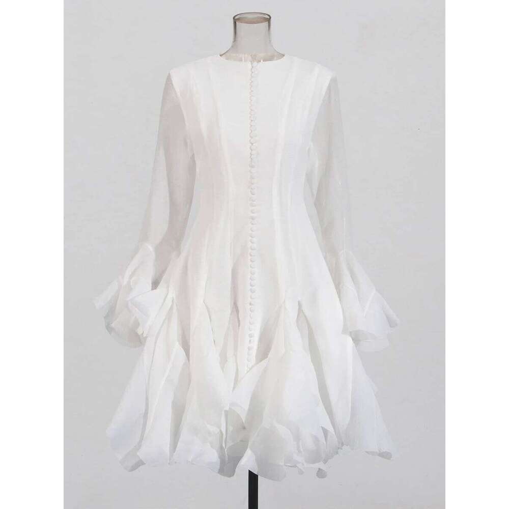 Designer Clothing 2025 Pink Patchwork Ruffle For Women Round Neck Flare Sleeve High Wait Slim Elegant Midi 107Cm Dress Female 2025