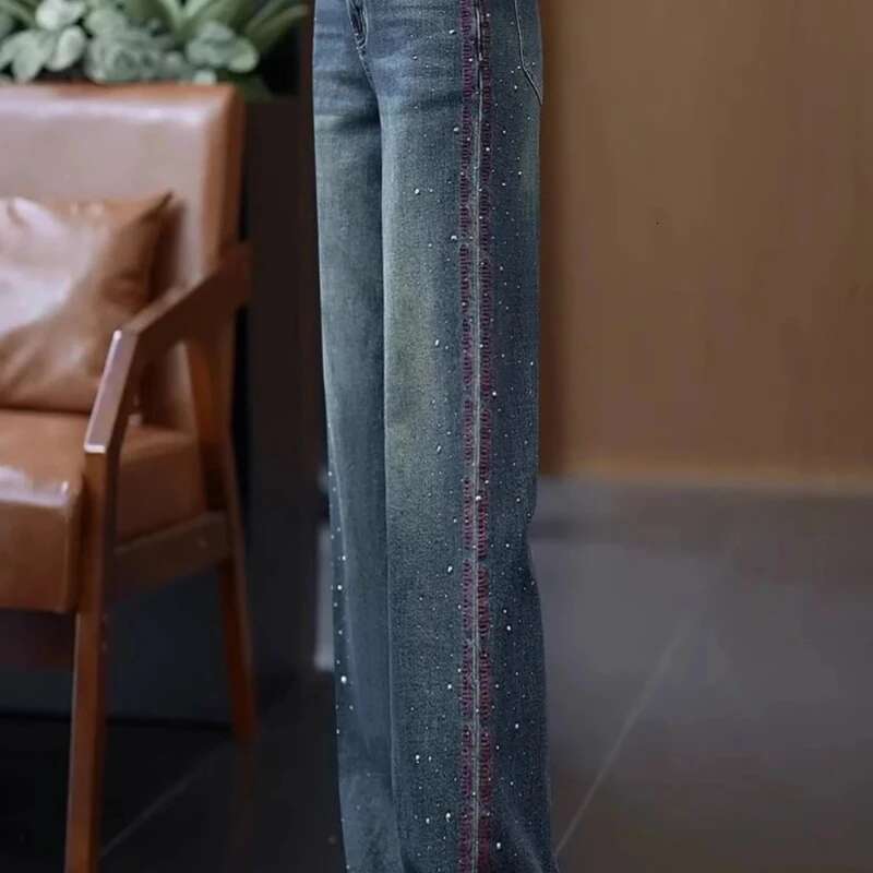 Womens Jeans Wide Leg Medium Female Cowboy Pants Waist Wash on Sale Teenagers Shiny Top Selling Vintage Wholesale Emo Trousers