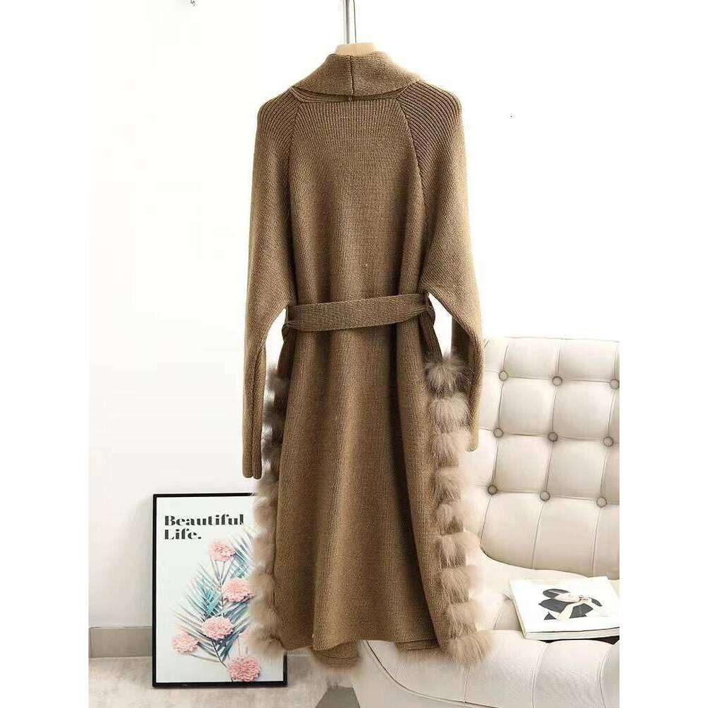 LANMREM Real Fox Fur Casual Loose Knit Sweater With Bandage Women's Cardigan 2024 Winter Warm Clothing 2DB1810