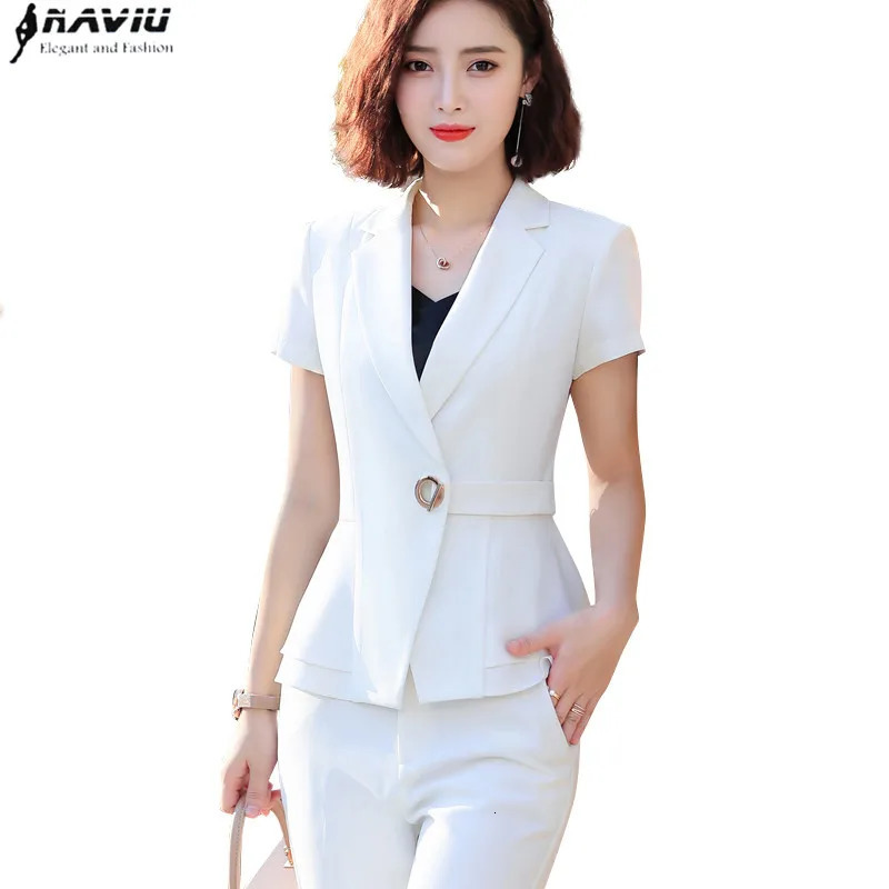 Naviu Women Pants Suit Summer Fashion Short Sleeve Slim Blazer and Trousers Business Temperament Office Lady Work Wear 250612