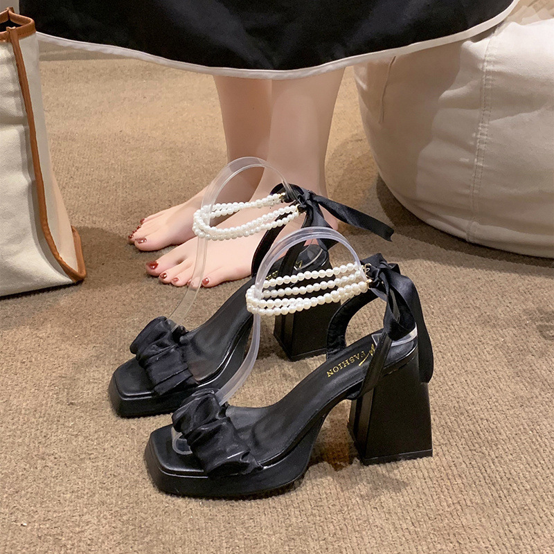 Women's Mesh High Heels Summer New Shoes Medium Thick Crystal French Fairy Pearl Roman Women's Sandals Designer Sandals