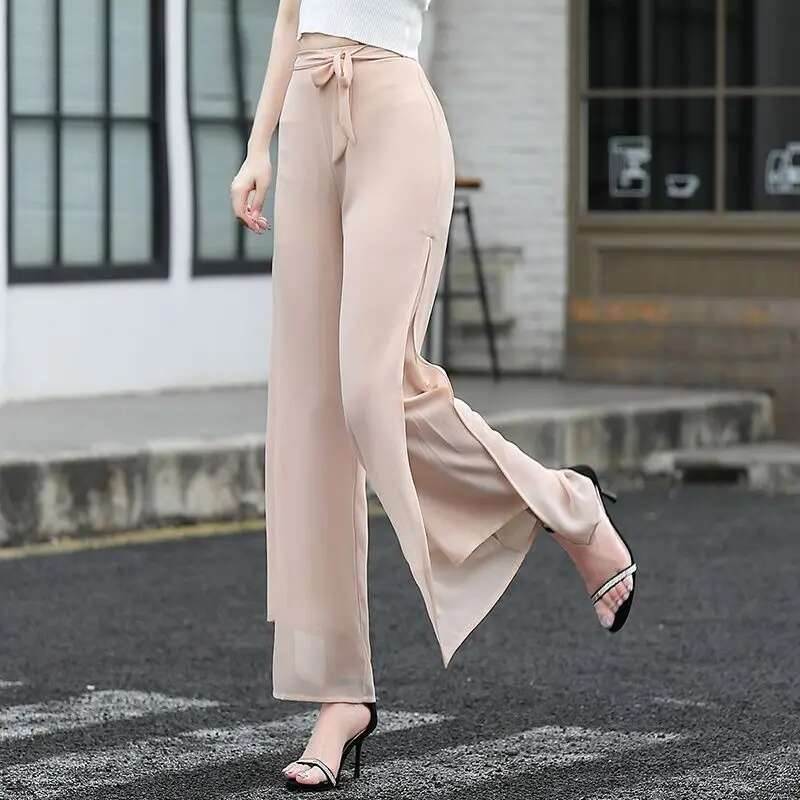 Flare Womens Pants Silk Chiffon Satin Ruffle Mesh Clothing Transparent Tulle Trousers for Women Slacks One Size Summer 90s G Xxl