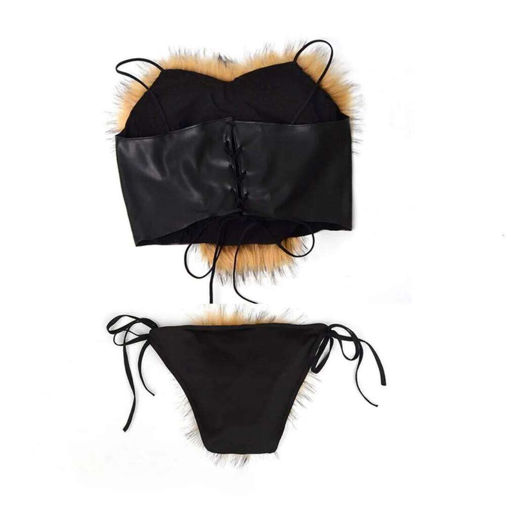 High Waist Swimsuit Sexy Thong Bikini Women Real Raccoon Fox Fur Two Piece Swimsuits Brazilian Bathing Suit