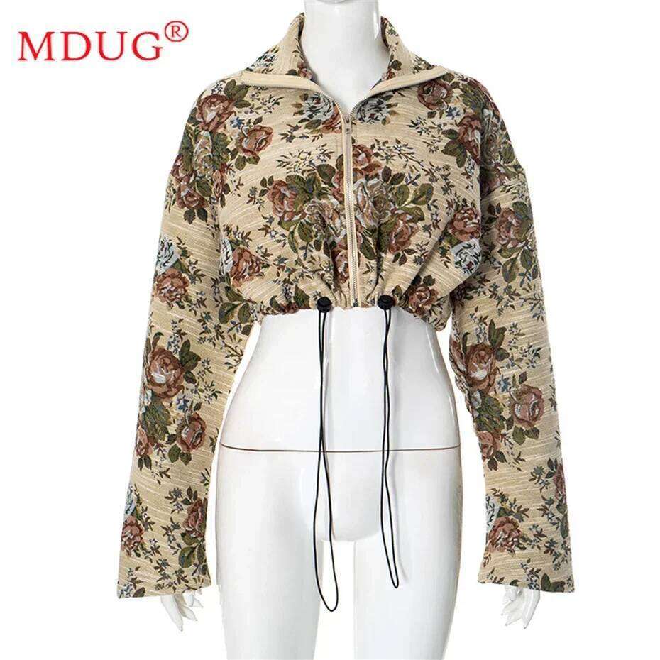 1pcs Women Coat and Jackets Fall 2024 Fashion Print Zipper Drawstring Crop Top Party Streetwear Girls Clothing Y2k M14745