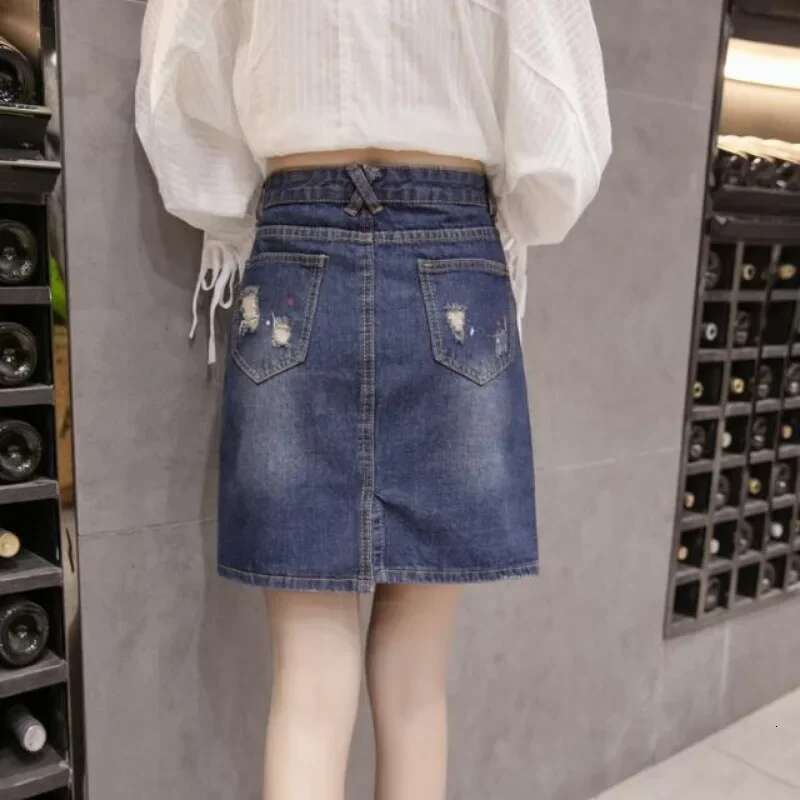Cute Zipper Kawaii Midi Woman Denim Skirt High Waist Chubby Ripped Jeans Skirts for Women with Pocket Blue V Luxury Elegant Chic