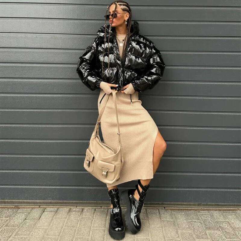 Winter Women Shiny Black PU Puffer Jacket Warm Thick Bubble Bright Metallic Sier Leather Parka Down Coats Street