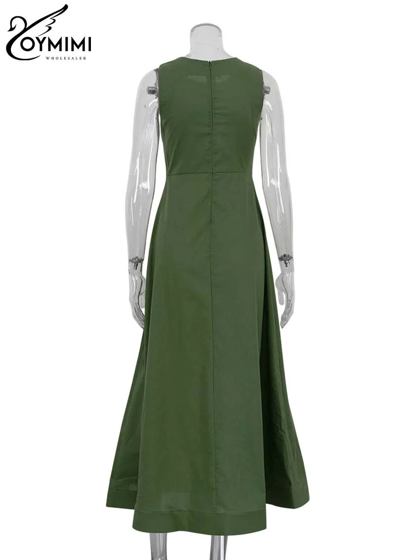 Oymimi Elegant Green Cotton Womens Dress Fashion O-Neck Sleeveless Dresses Casual High Waist A-Line Mid-Calf Dresses Female 250614