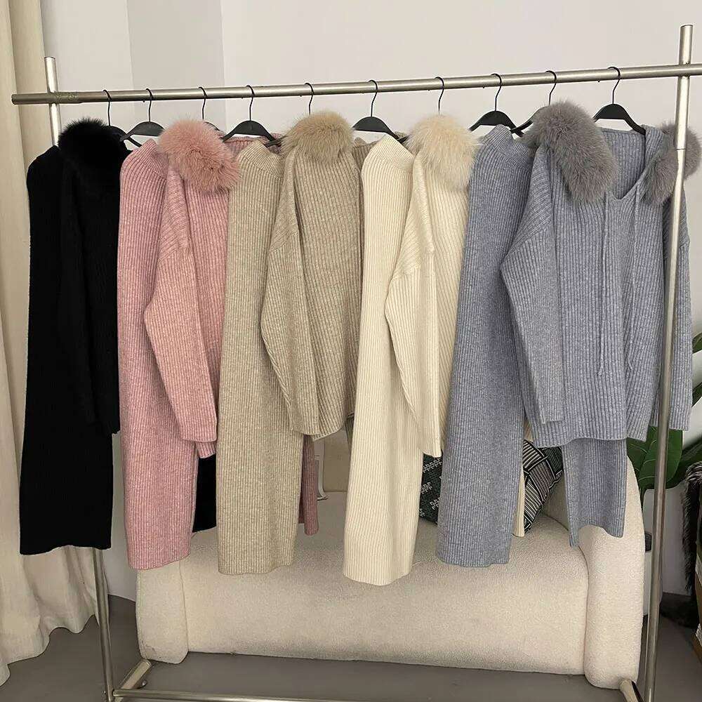 DEBAIFUR 2025 New Spring Woman Hooded Pullover Cashmere Splicing Natural Fox Fur Collar Outerwears Sweater Suit