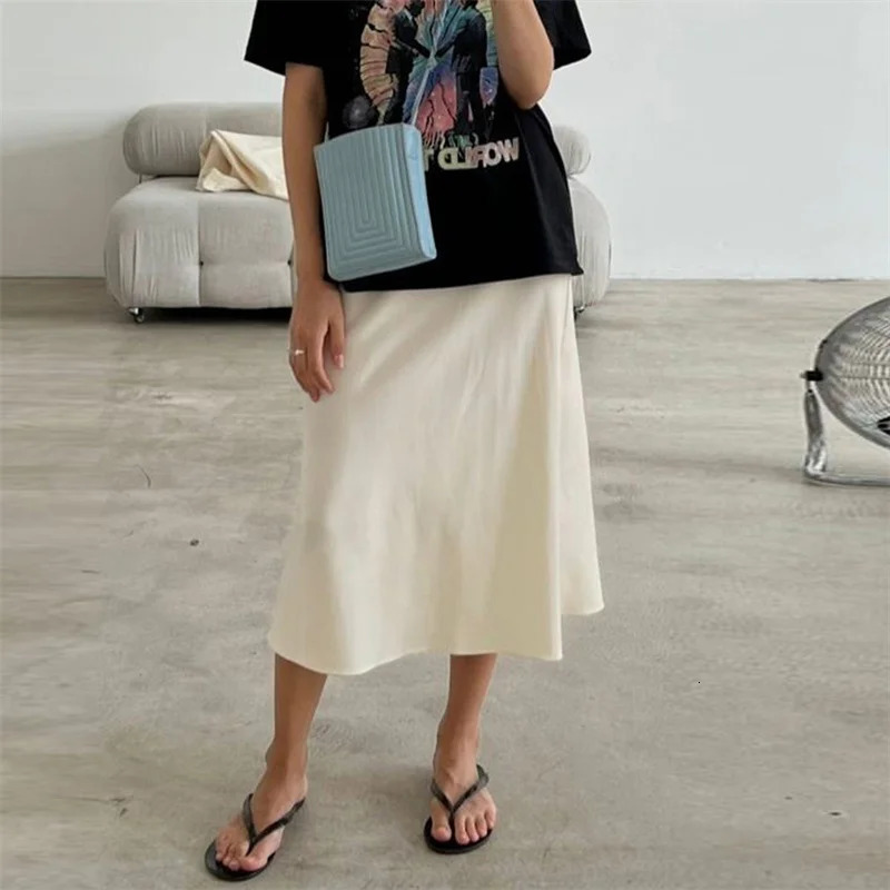 Lamuusaa Satin Skirt Women Summer Clothes Solid Color High Waist Bodycon Midi Skirts Elegant Evening Party Skirts Streetwear 250614