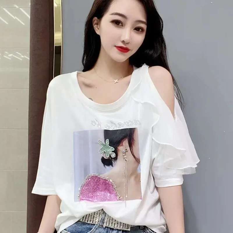 Tops Woman Rhinestone Graphic Off Shoulder Baggy Sexy T Shirt for Women Coquette Clothes Summer Outfit Glitter Sequin Emo Y2k