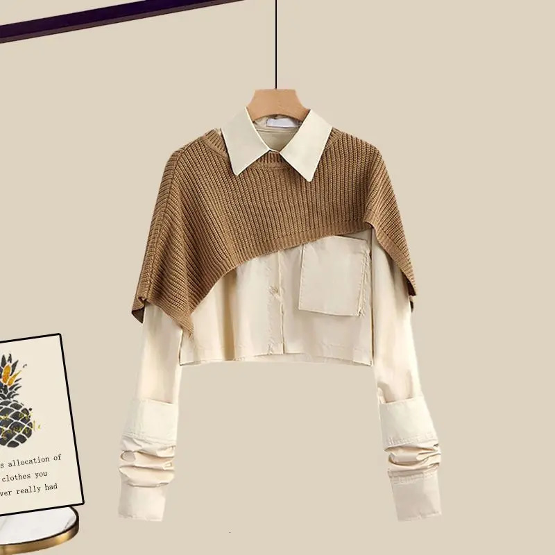 Large Womens Autumn and Winter Set Loose Shawl Shirt High Waist Knitted Half Skirt Three Piece Set Fashion 250616