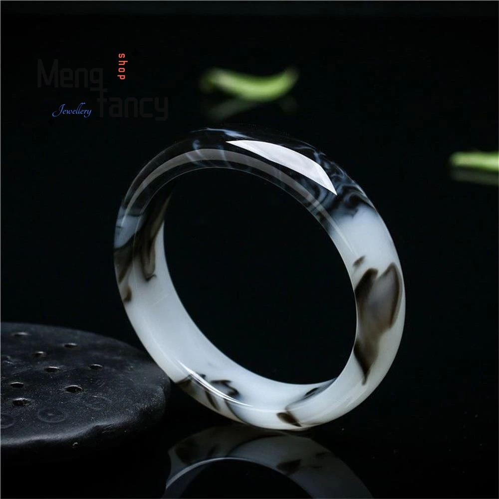 Natural Hetian Jade Bracelet Black White Flowers Charm Fashion Retro Fine Jewelry Elegant Girl Couple Bangle Holiday Gift 250616