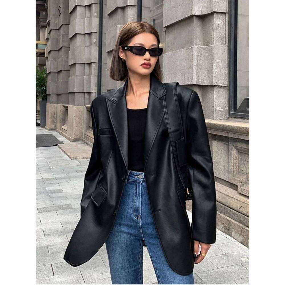 Vintage Autumn Black Brown Soft Pu Leather Blazer Women Biker Coat Long Sleeve Flap Pocket Suit Jacket Oversized Streetwear