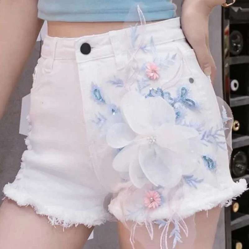 Denim Shorts for Women High Waist Flowers Short Jean Pants Woman To Wear 2000s Clothes Y2k 2025 Classic Casual Fashion Clothing