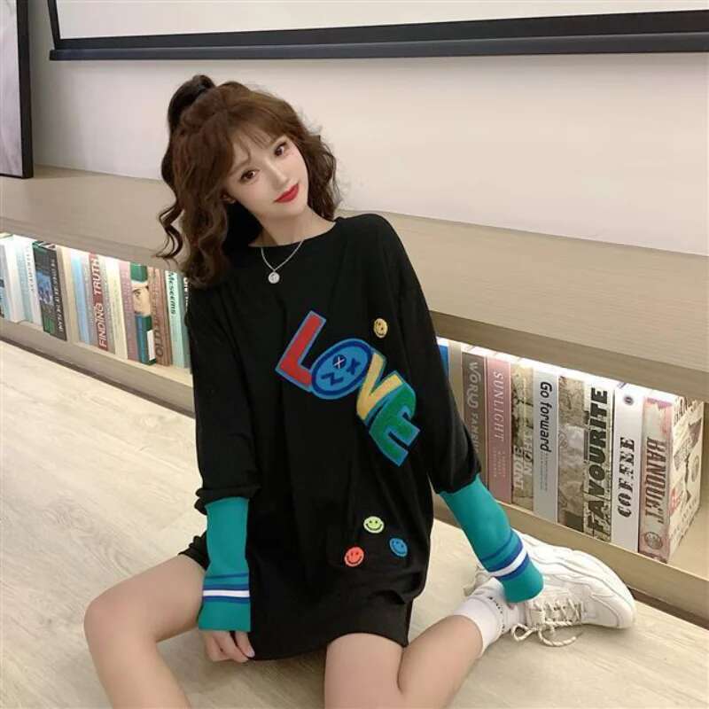 Top for Women Long Sleeve T Shirts Female New In Glitter Tall Fitted Pulovers Cool Clothes 90s Original Grunge Loose Xxl O Tees