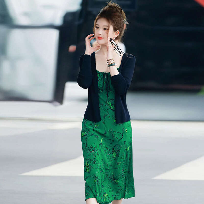 Maxi Dress Bodysuit Skirt Dress Festival Wedding Guest Dress for Women 762 Zhao Lusi Celebrity Style Green Ballet Girl and Butterfly Print Silk Slip D