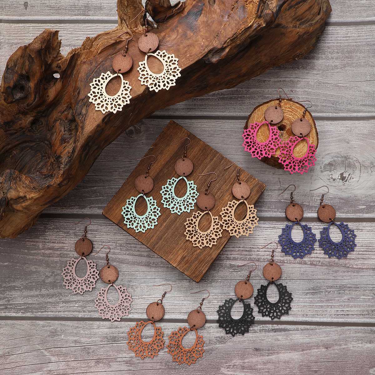 Bohemian Hollow Earrings - Irregular Lace - Inspired Wooden Chip Combination Ear Accessories
