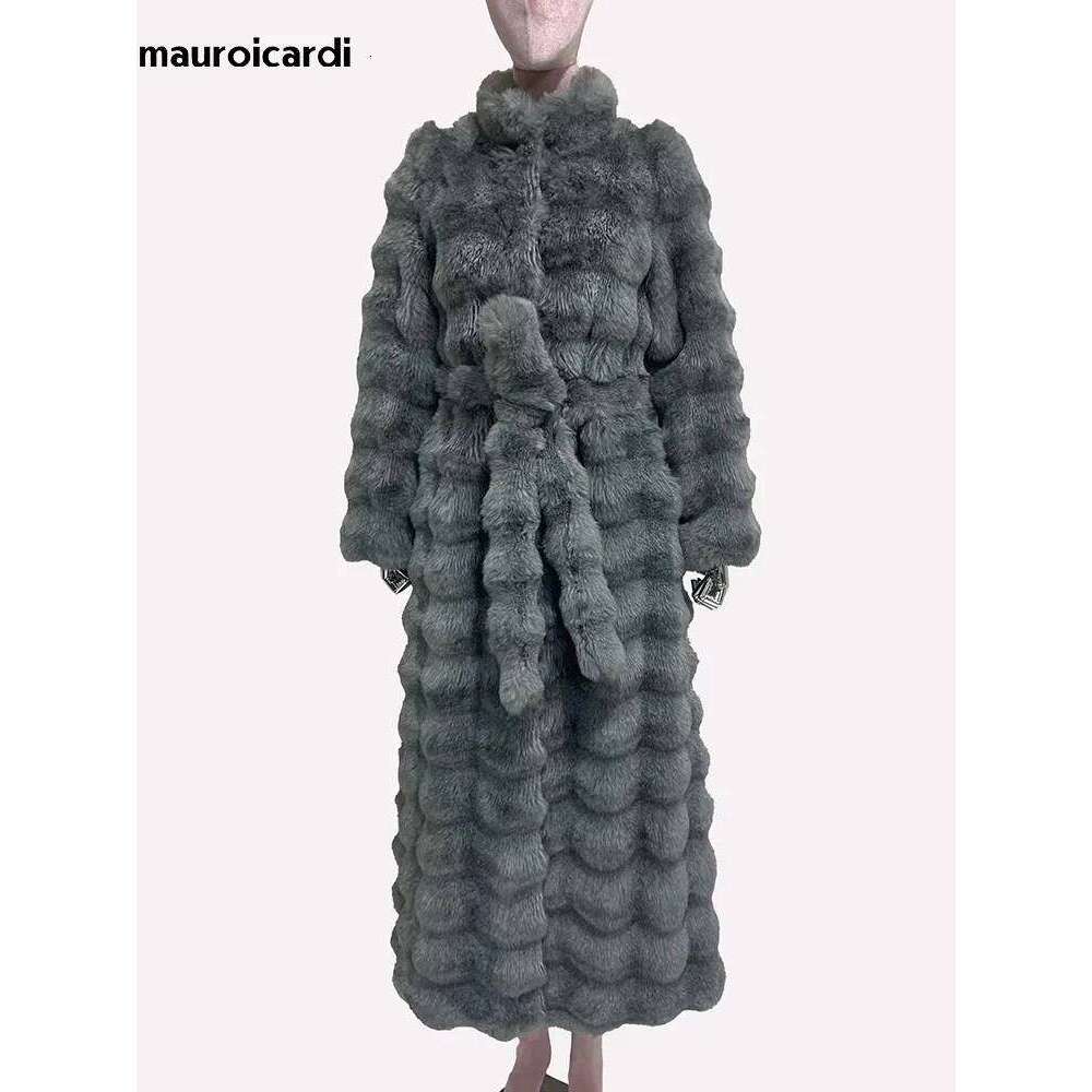 Mauroicardi Winter Extra Long Thick Warm Striped Soft Fluffy Faux Chinchilla Fur Coat Women Elegant Chic Furry Overcoat