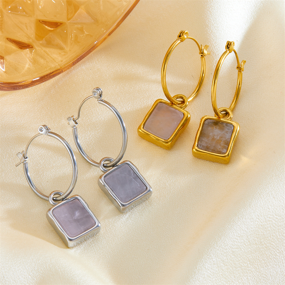 Fashion Light Style Simple Elegant Versatile Square Natural Stone Earrings for Women Niche Titanium Steel Non-Fading Ear Jewelry