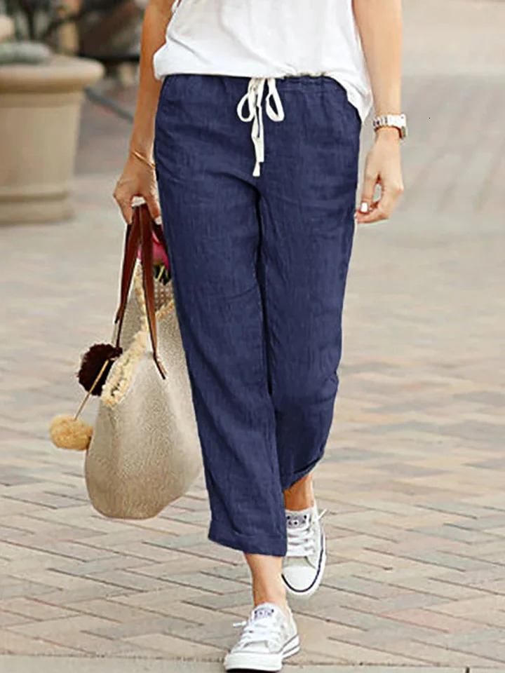 Women Elegant Simple Pants Fashion Drawstring Solid Color Cropped Pants Loose Causal Elastic Waist Office Lady Trousers 250616