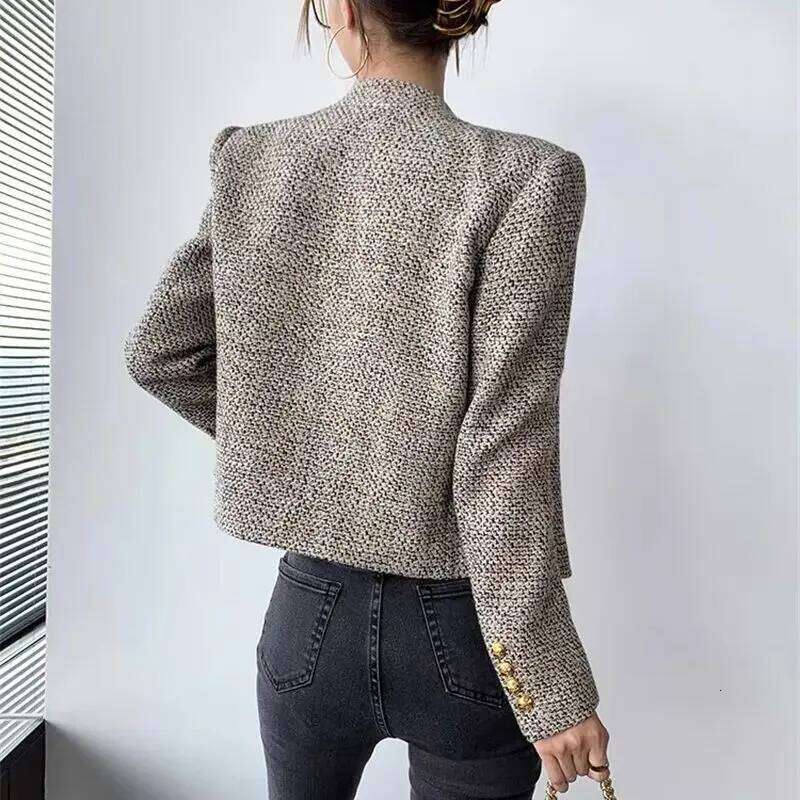 Korea Tweed Jacket Autumn New Women's Stand Collar Golden Buttons Elegant Coats Classic Weave Plaid Small Fragrance Blazer Q989