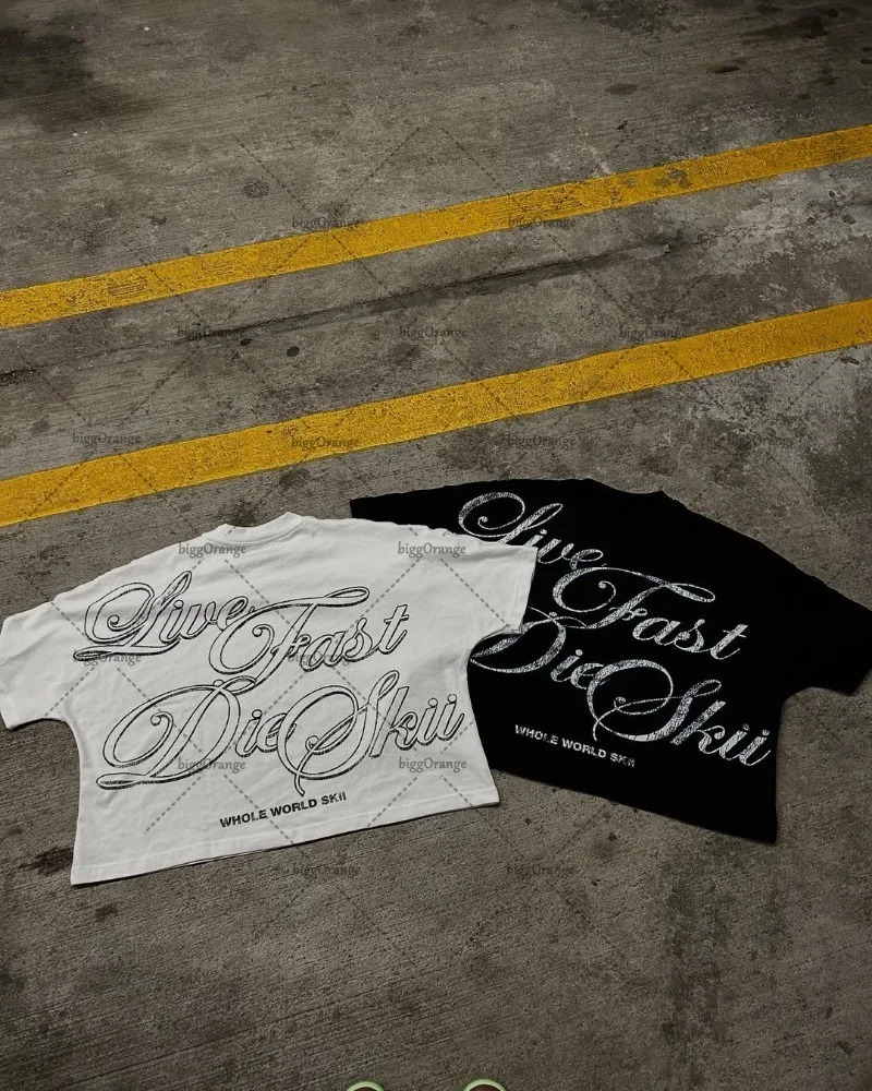 American Hip-hop Oversized T-shirt Y2K Streetwear Men Casual High Street Harajuku Trendy Pure Cotton Round Neck top Women 250616