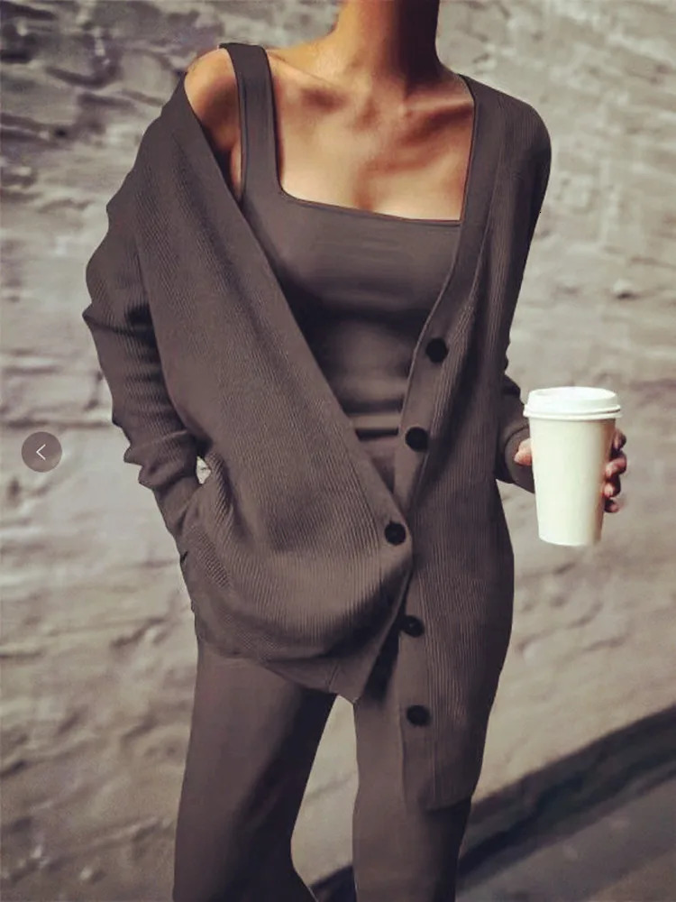 Knitted three piece set for womens style outerwear vest pants set 250616