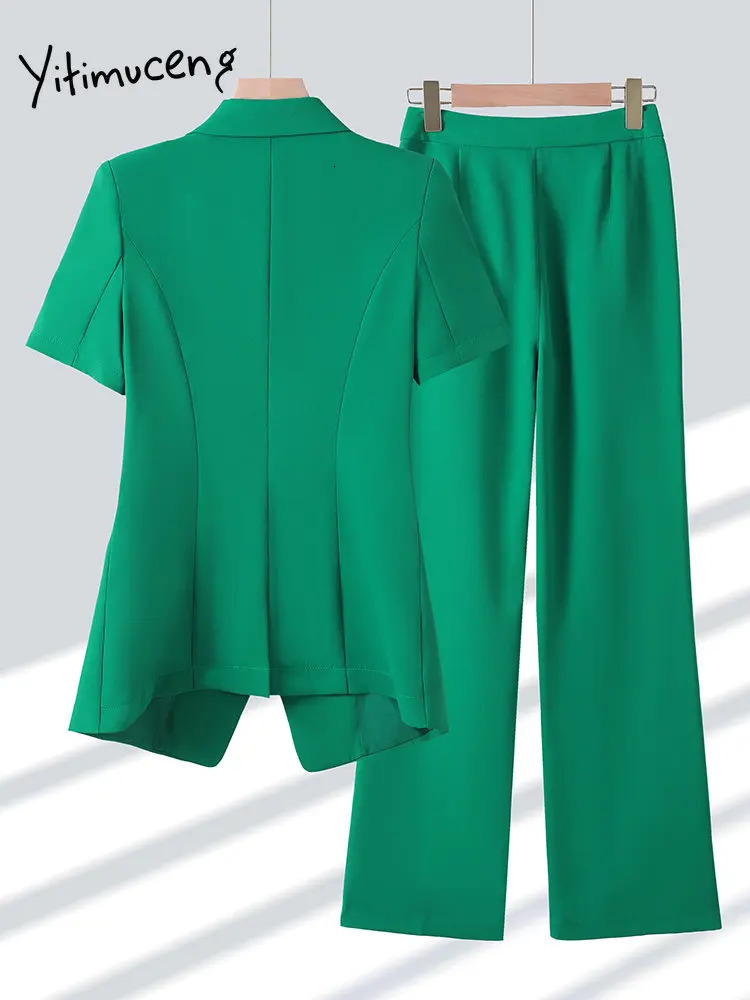 Yitimuceng Women Suits Office Sets Fashion Short Sleeves Turn Down Collar Blazer Chic Solid Pants 2 Piece 250612