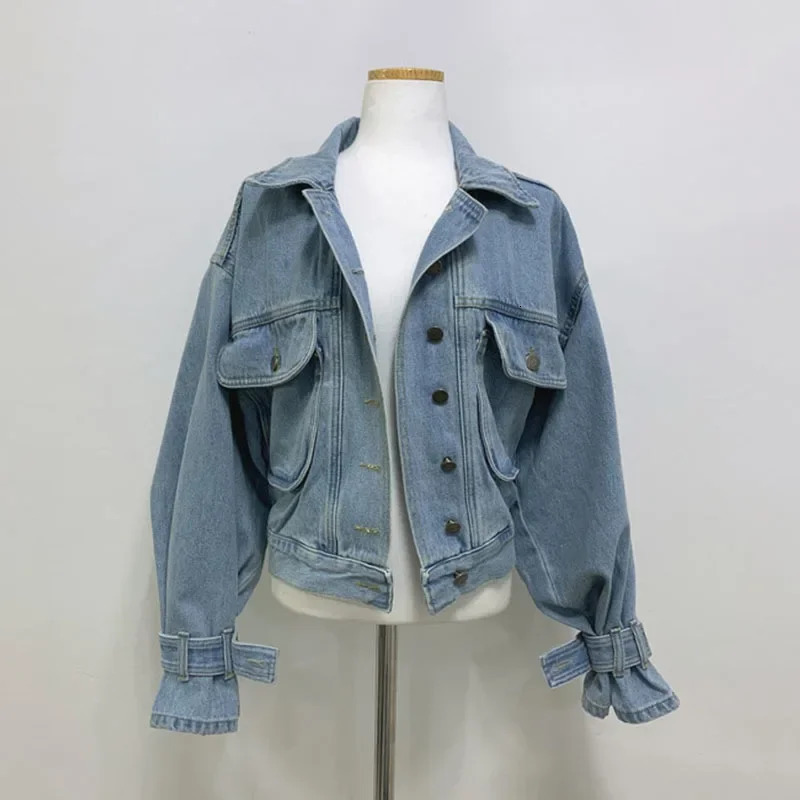 Cropped Oversized Denim Jacket Women Spring Autumn Outerwear Stylish Puff Sleeve Washed Blue Ladies Jeans Jackets Coat 250613