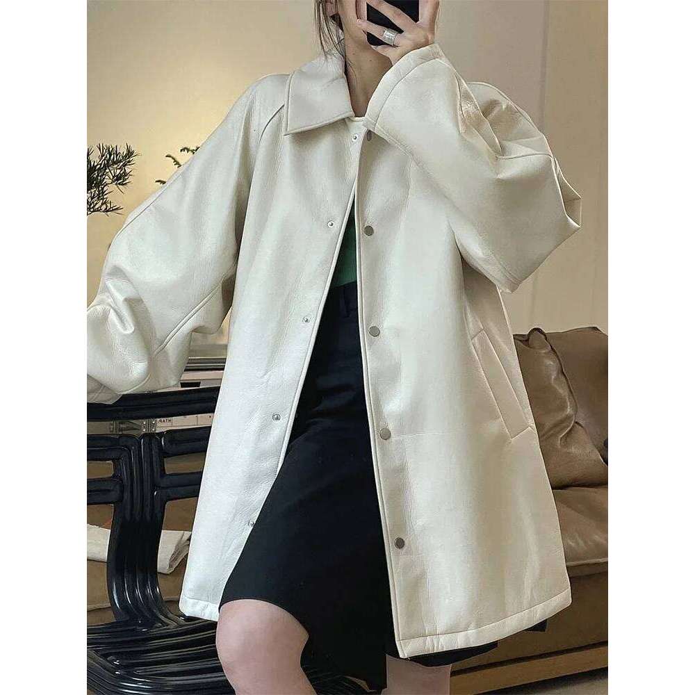 White PU Trench Coat for Women Spring Autumn 2025 Trend Simple Loose Casual Windbreaker Leather Jacket