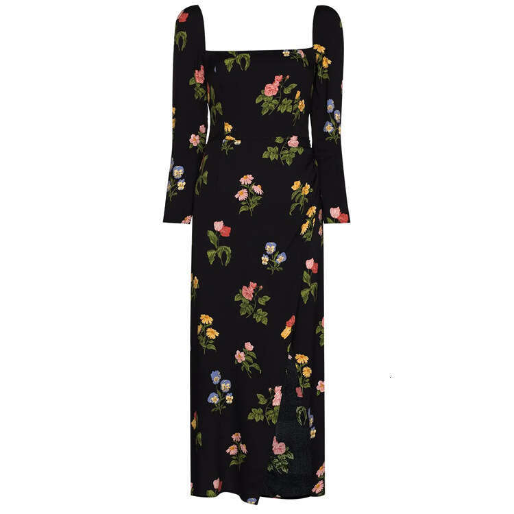 Festival Undefined Women Dresses Dress N484 Summer 2025 Printed Mid-length Split Square Neck Slim Fit Long Sleeve Dress Womens Fashion