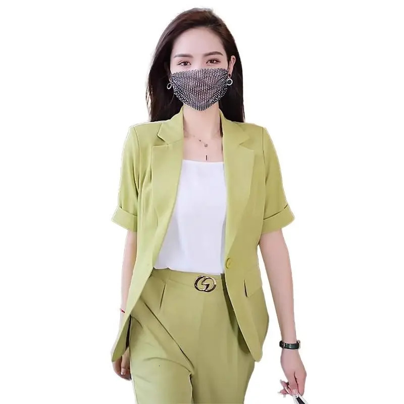 Womens Summer Fashion Short Sleeved Suit Pants Two Piece Korean Elegant Thin Casual Blazers Jacket Trousers Matching Set 250612