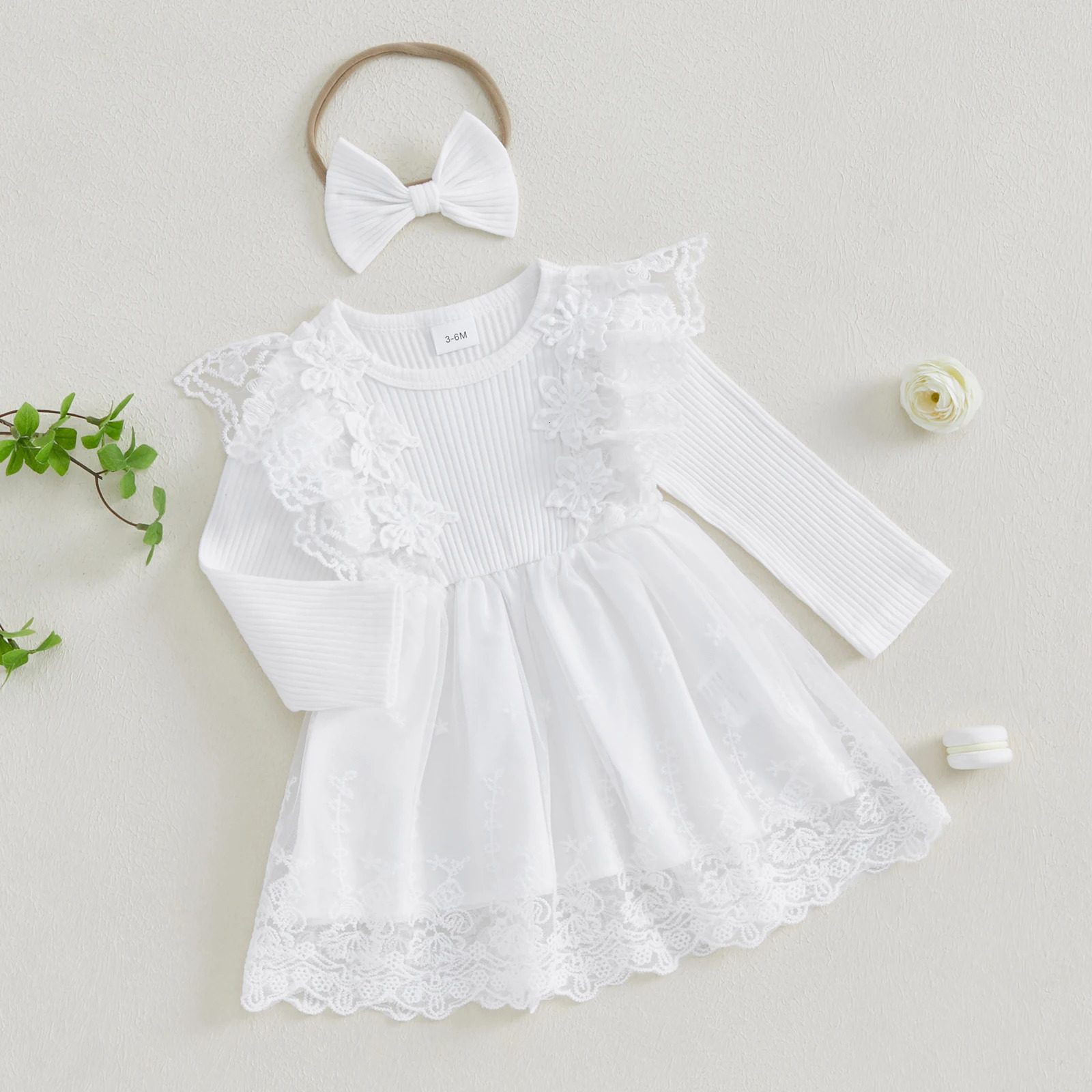 Baby Girl Autumn Dress Cute Ruffle Long Sleeve Lace Patchwork Tulle Dress with Bowknot Headband 2Pieces Fall Outfit for Infants 250617