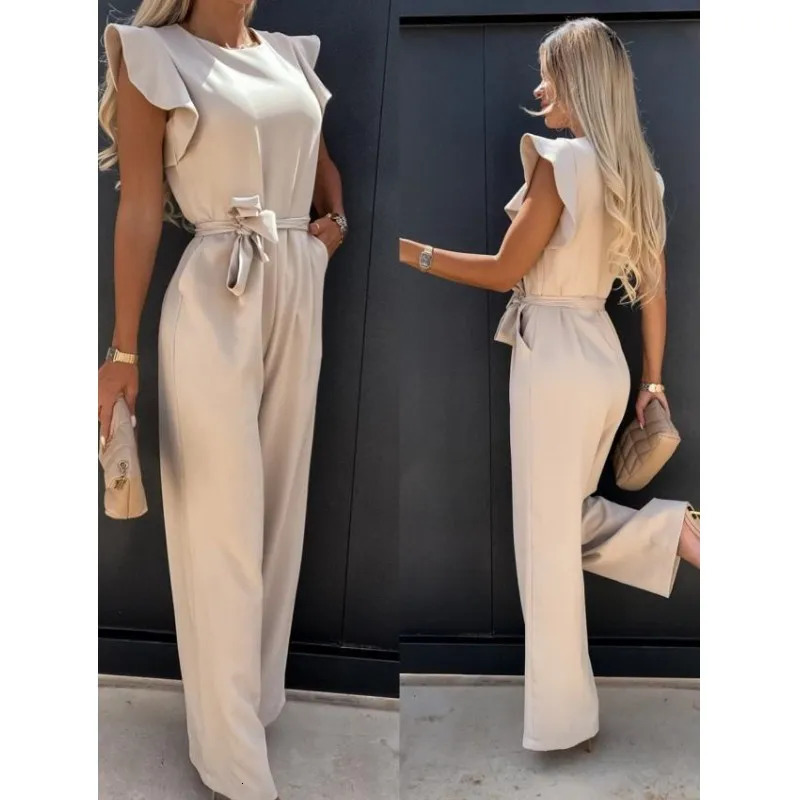 Elegant Womens Jumpsuits 2025 Summer Solid Casual Fashion Ruffle Lace Jumpsuits Female One Piece Garment S-XXL 250616
