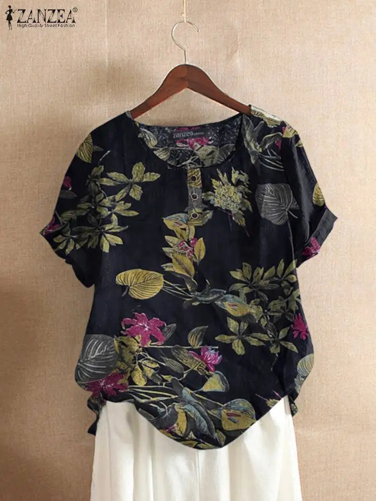 ZANZEA Women Cotton Shirt Fashion Floral Printed Tops Ladies Kaftan Chemise Summer Short Sleeve Blouses Causal O-neck Tunic 250614
