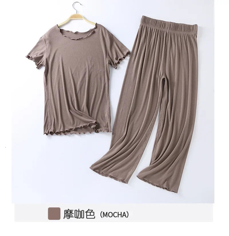 Japanese summer ladies cotton modal short-sleeved nine-point pants suit home service suit womens large size home pajamas 250616