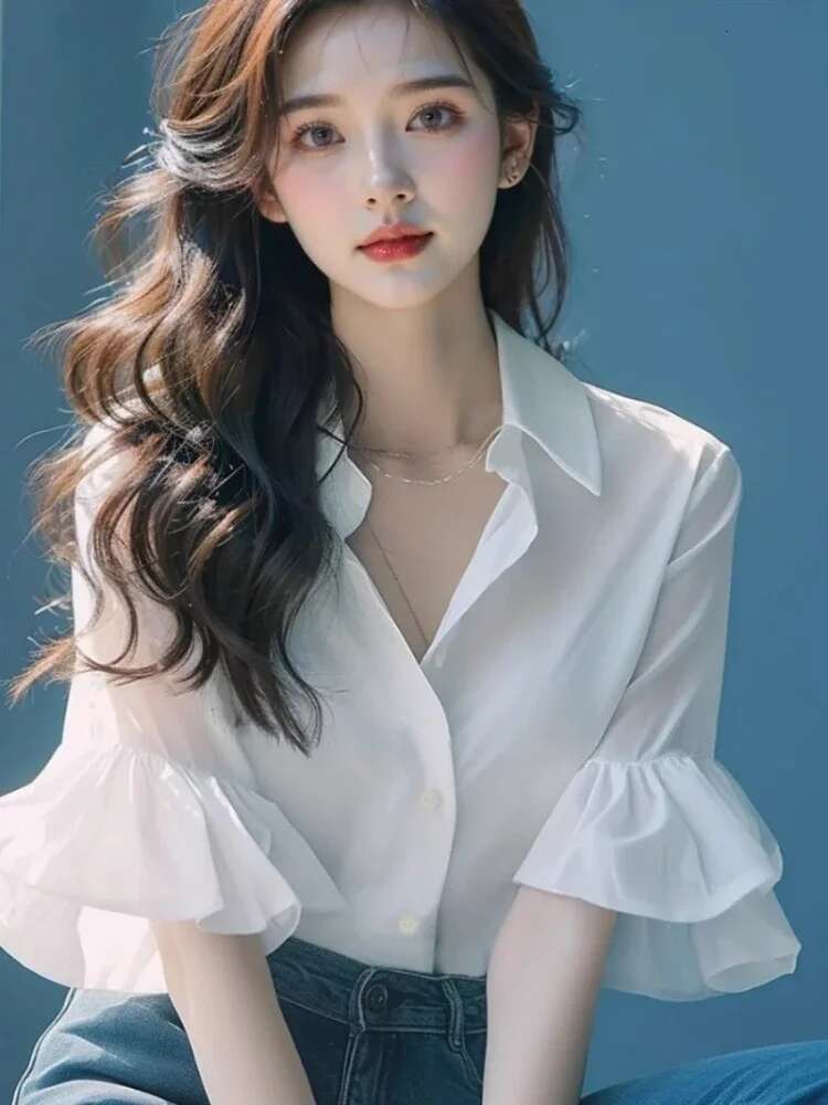 Dress Shirts Office Outfits Summer Female Tops Womens Shirt and Blouse Wear To Work Button Up White Formal High Quality M Xl