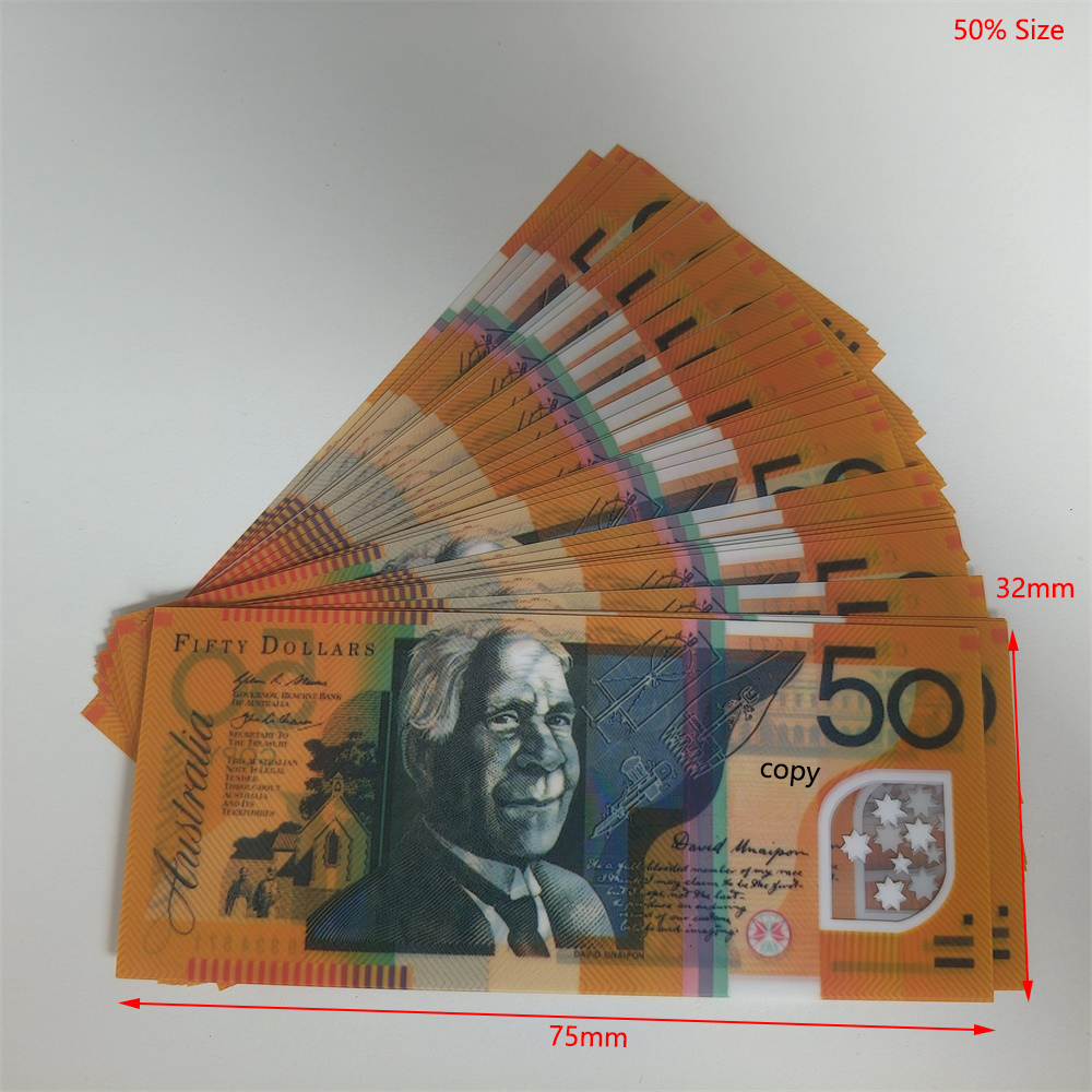 Realistic Prop Money AUD Plastic Australian Dollar 50 100 Copy Money Full Print Money Fake Monopoly Money Movie Special Props For Filming Toy Money 75*32mm 50% Size