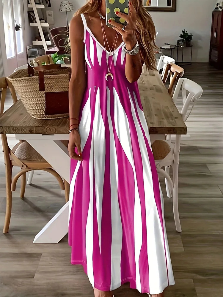 Abstract Print Maxi Dress Casual Sleeveless Spaghetti Strap Dress Womens Clothing 250616