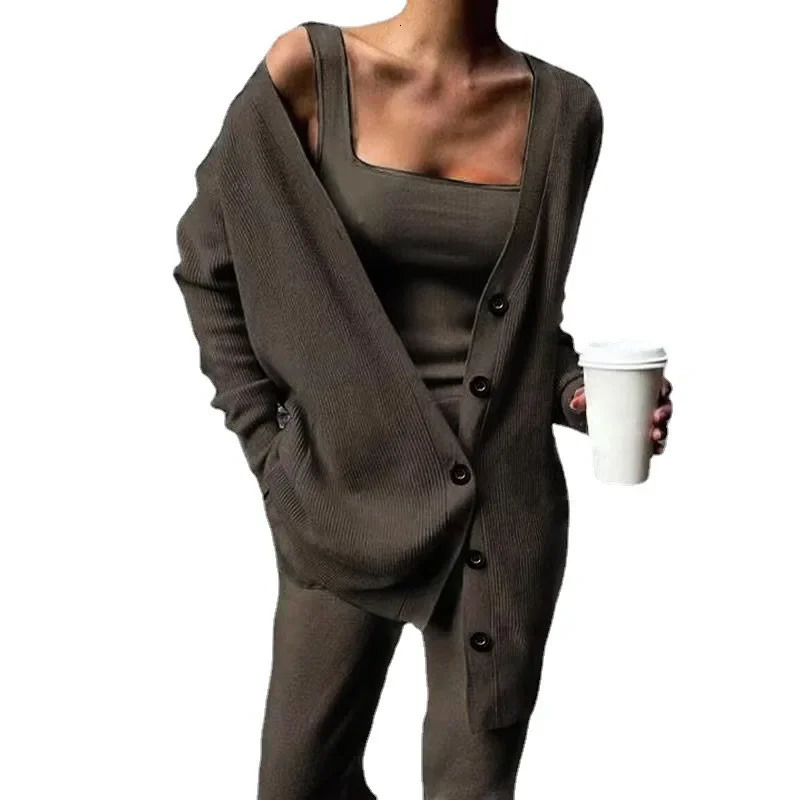 Autumn and Winter Womens Cross-border Knitting Western Womens Jacket Vest Pants Three-piece Set 250616