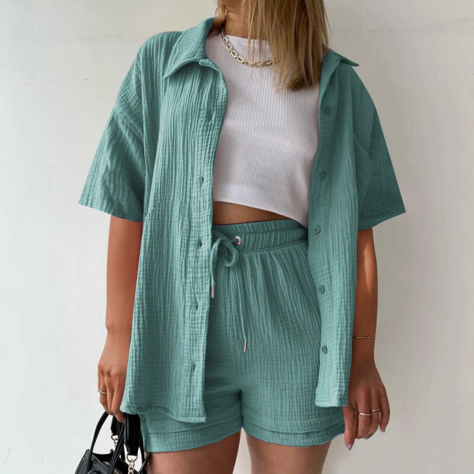 Y2k Comfy Women 2 Piece Outfit Lace Trim Womens Solid Color Short Sleeve Shirt Casual Shorts 2 Women Casual Joggers Sets 250616