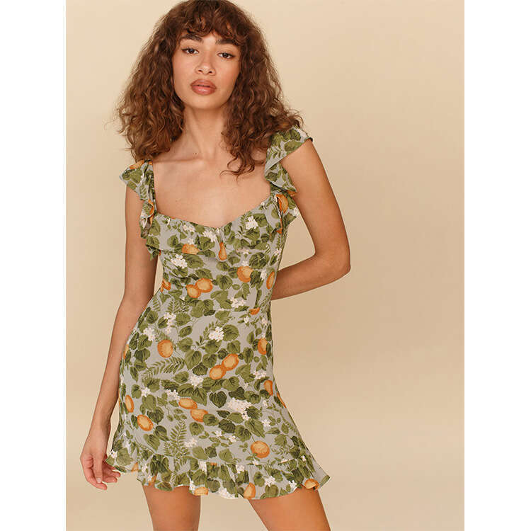 Birthday Dress Black Dress Vestidos De Noche Clothes Women Designer Goth N328ref Rayon Printed Short Ruffle Square Neck Dress 2025 Summer Fashion Wome