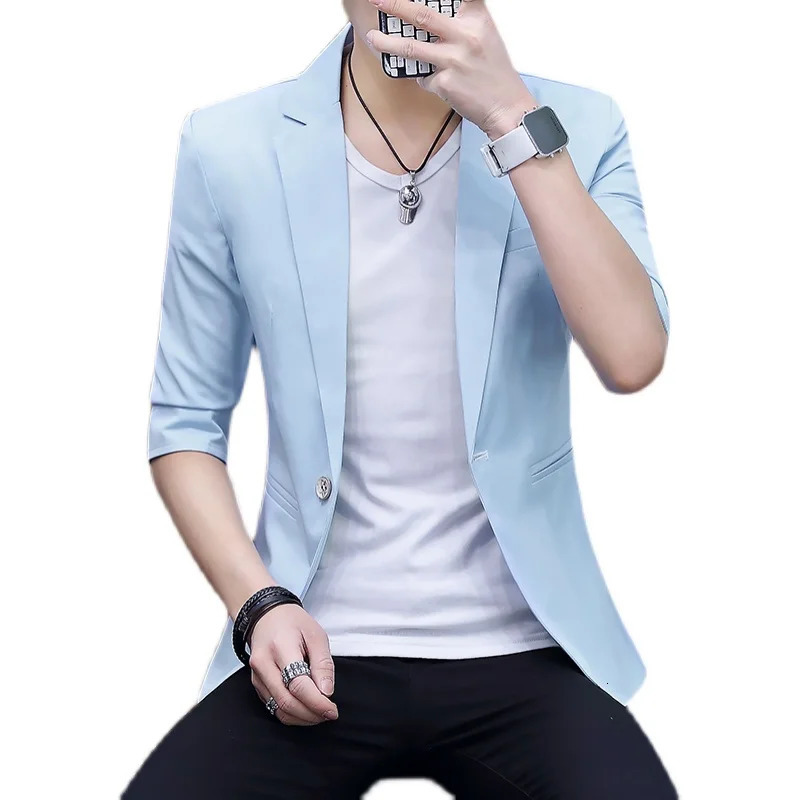 Summer Silk Smooth Solid Color Jacket Blazers 34 Sleeve Suit Formal Dress Youth Medium Sleeve Suit Male Slim Korea Style Suit 250614