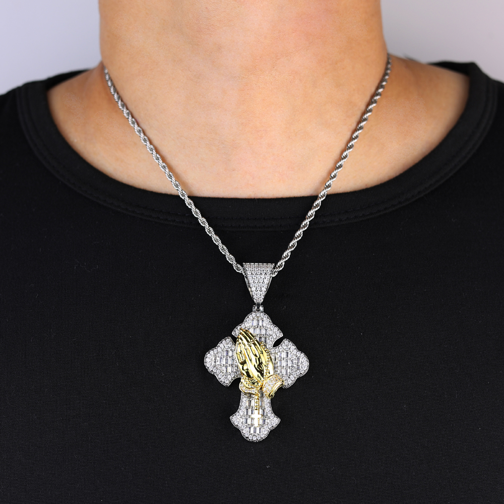 sdzstone 2025 NEW fashion Iced Out Bling Cross Pendant Necklace Praying Hands Pendant Charm For Man Woman Jewelry