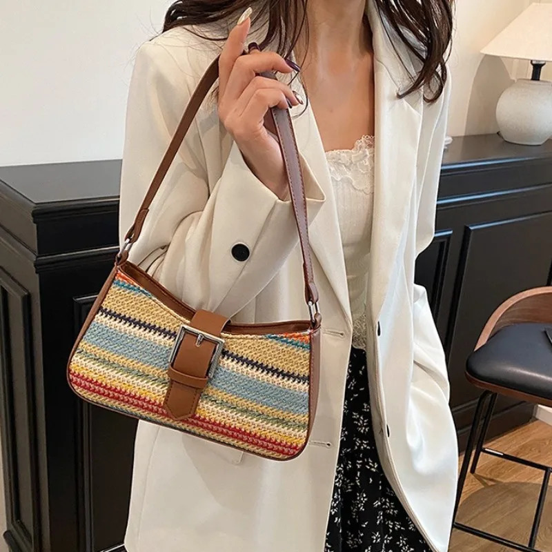 Fashion Rainbow Grass Woven Shoulder Bag Ladies Banquet Bag Spring Light Shoulder Bag with Armpit Bag 250614