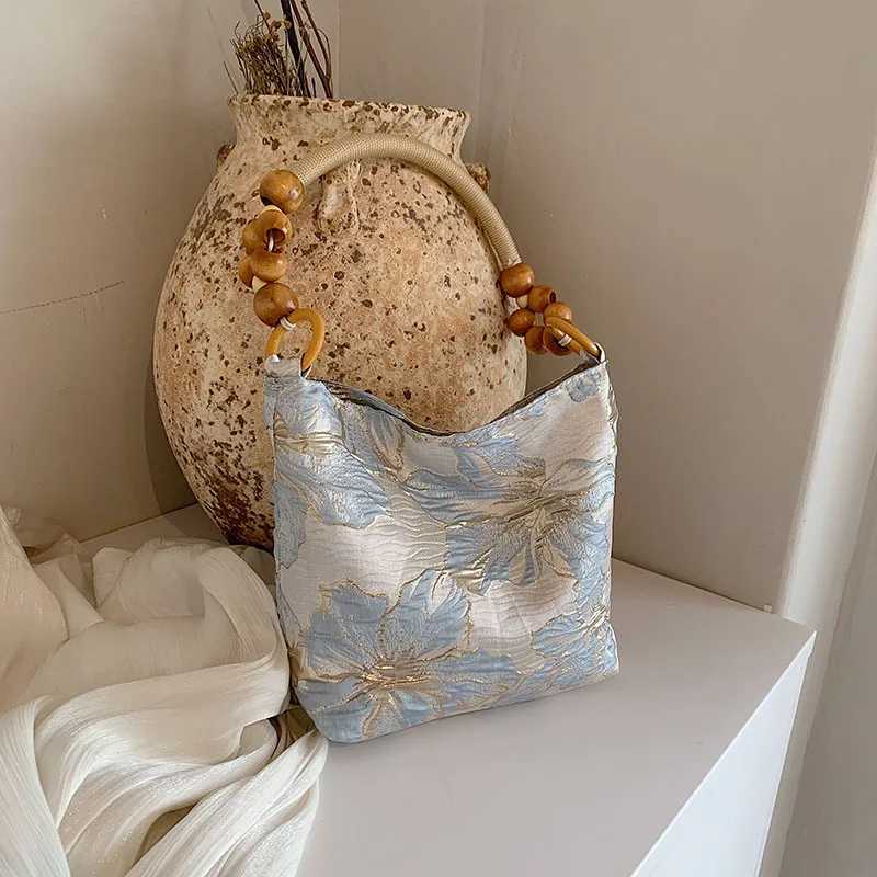 Chinese Style Elegant Womens Shoulder Bags Embroidery Ladies Bamboo Beading Top-handle Bag Casual Female Bucket Tote Purse Z250617