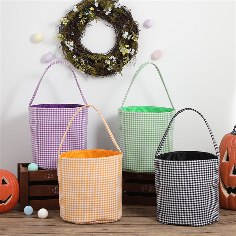 Plaid Halloween Holiday Decoration Portable Lightweight Large Candy Bucket Blue Birthday Gift Halloween Gift Storage Bucket Trick or Treat Candy Bucke