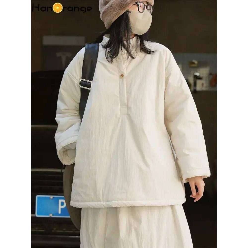 HanOrange 2024 Winter Single Breasted Lazy Parkas Women Cotton Padded Jacket Loose Silhouette Warm Coat Female Apricot, Navy