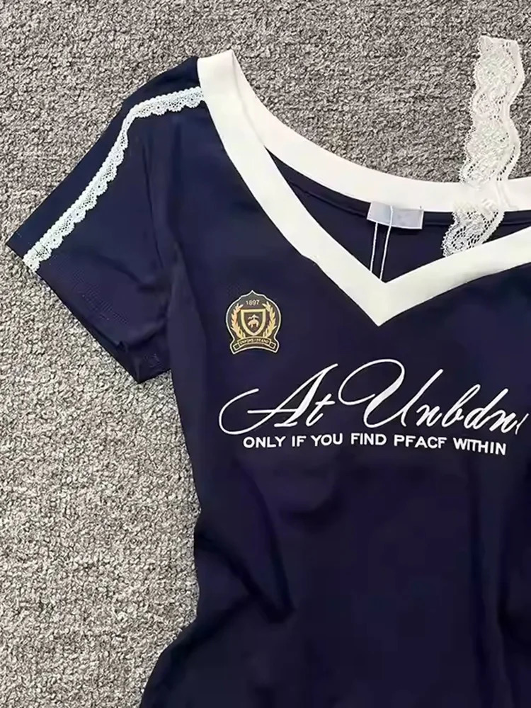 Millennium style Gothic Girl Waist Splicing Lace Strap Short Sleeve T-shirt for Women Summer navy blue slim fit top 250616