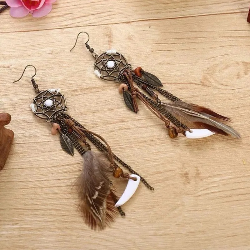 Boho Tribal Ethnic Vintage Dream Catcher Feather Leaf Long Tassel Dangling Earrings Women Vacation Jewelry 250610